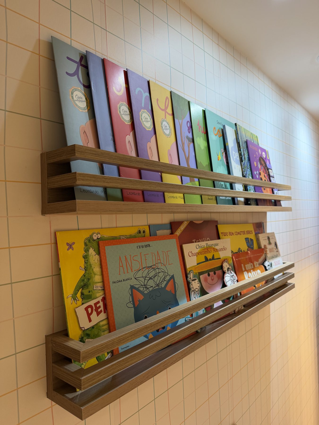 Prateleiras com livros infantis organizados de capa para frente